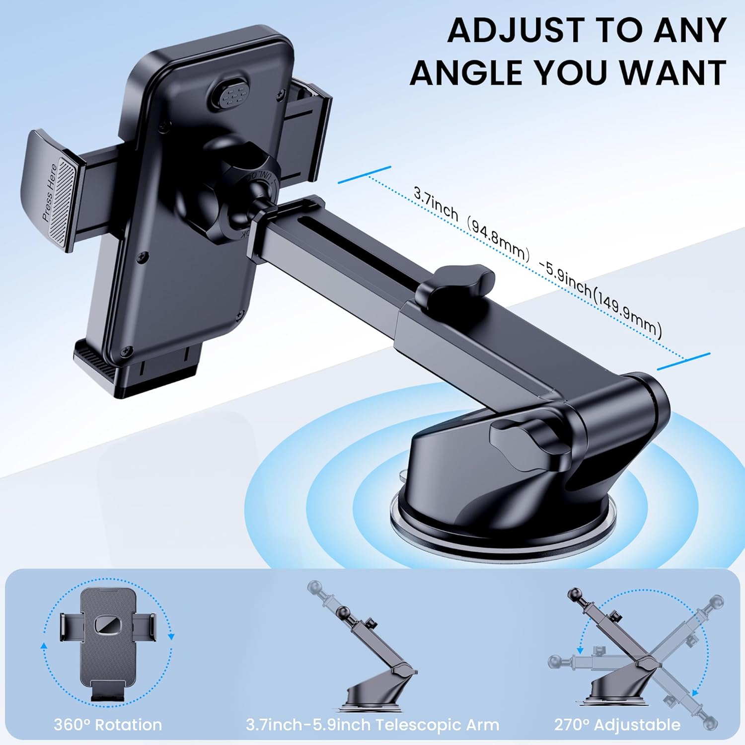 Upgraded 3-in-1 Car Phone Holder Mount [Powerful Suction] Phone Mount for Car Dashboard Air Vent Windshield,for All iPhone Android Phone (Black)
